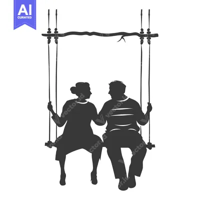 Aset desain premium: Silhouette of a Couple Sitting on a Swing Holding Hands