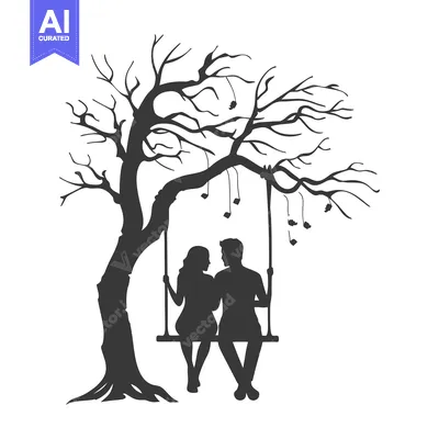 Aset desain premium: Silhouette of a couple sitting on a swing in a bare tree