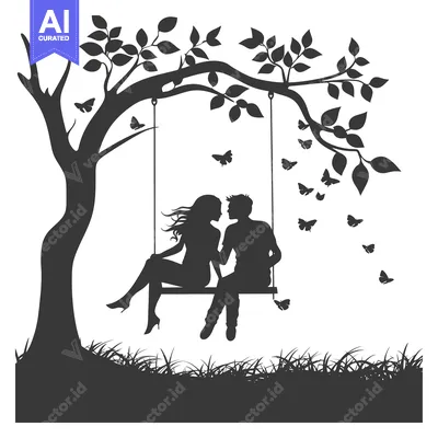 Aset desain premium: Silhouette of a couple sitting on a swing in a tree with butterflies f
