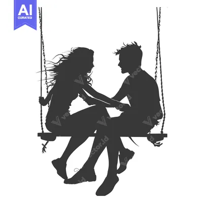 Aset desain premium: Silhouette of a Couple Sitting on a Swing, Looking at Each Other