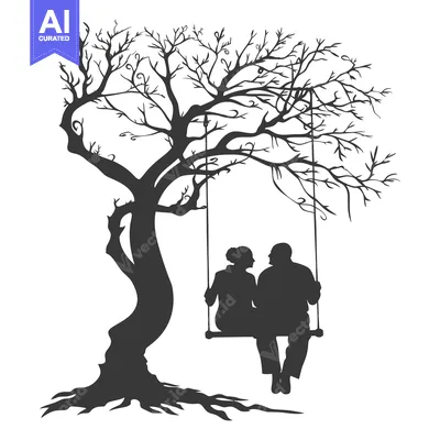 Aset premium populer: Silhouette of a couple sitting on a swing under a bare tree