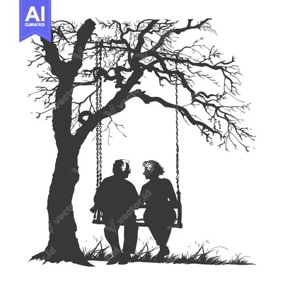 Aset premium populer: Silhouette of a couple sitting on a swing under a bare tree