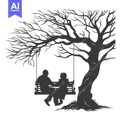 Aset desain premium: Silhouette of a Couple Sitting on a Swing Under a Bare Tree