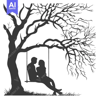 Aset desain premium: Silhouette of a Couple Sitting on a Swing Under a Bare Tree