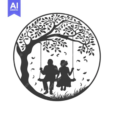 Aset desain premium: Silhouette of a Couple Sitting on a Swing Under a Tree