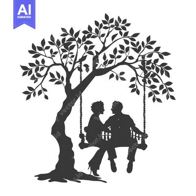 Premium design asset: Silhouette of a couple sitting on a swing under a tree