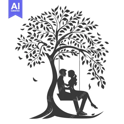 Silhouette of a Couple Sitting on a Swing Under a Tree