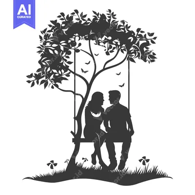 Aset desain premium: Silhouette of a Couple Sitting on a Swing Under a Tree