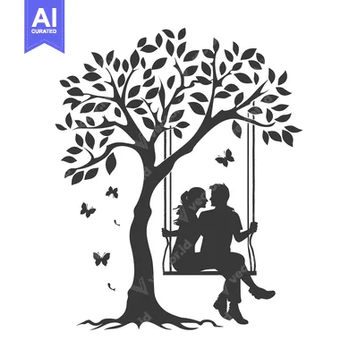 Silhouette of a Couple Sitting on a Swing Under a Tree