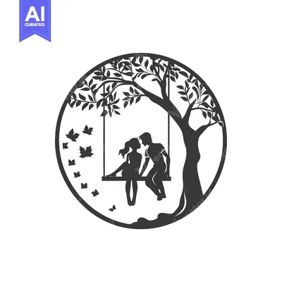 Aset desain premium: Silhouette of a Couple Sitting on a Swing Under a Tree