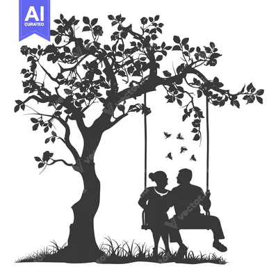 Silhouette of a Couple Sitting on a Swing Under a Tree
