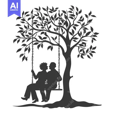 Aset desain premium: Silhouette of a Couple Sitting on a Swing Under a Tree