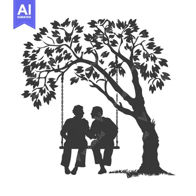 Silhouette of a Couple Sitting on a Swing Under a Tree