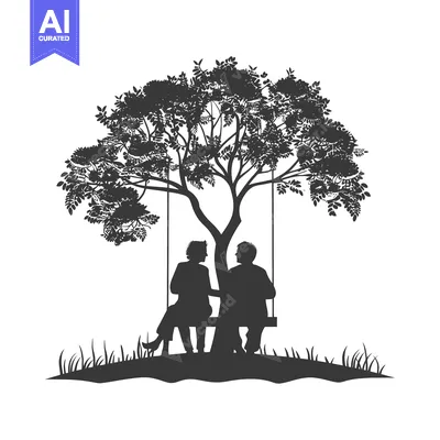 Aset desain premium: Silhouette of a couple sitting on a swing under a tree