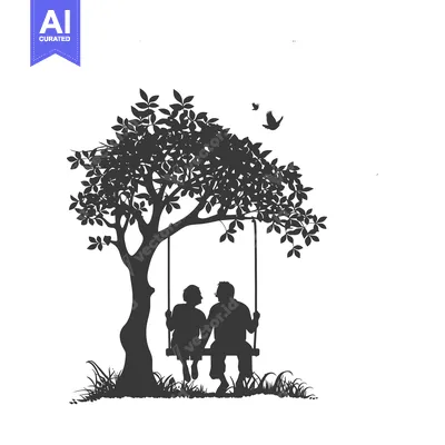 Aset desain premium: Silhouette of a couple sitting on a swing under a tree