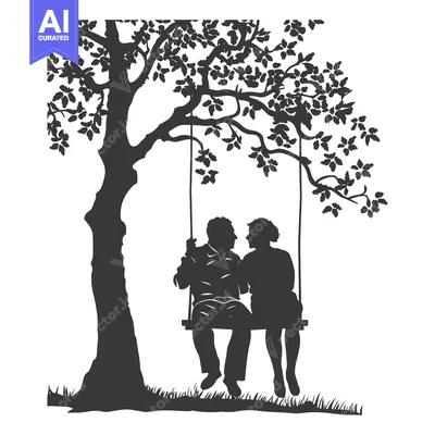 Aset desain premium: Silhouette of a Couple Sitting on a Swing Under a Tree