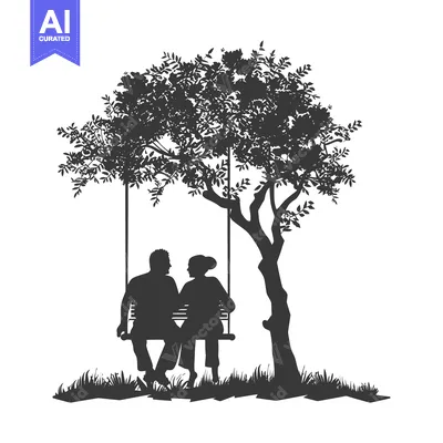 Aset desain premium: Silhouette of a Couple Sitting on a Swing Under a Tree