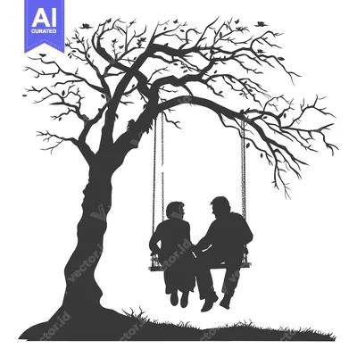 Aset premium populer: Silhouette of a couple sitting on a swing under a tree