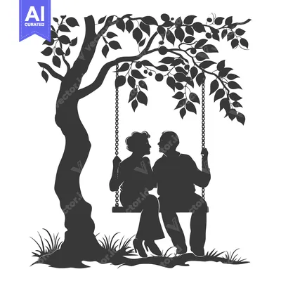 Aset desain premium: Silhouette of a Couple Sitting on a Swing Under a Tree