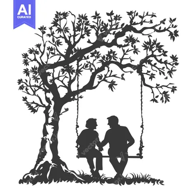 Silhouette of a couple sitting on a swing under a tree