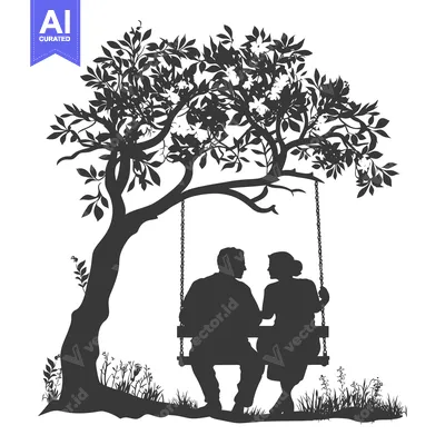 Aset desain premium: Silhouette of a Couple Sitting on a Swing Under a Tree