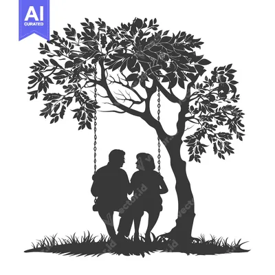 Aset desain premium: Silhouette of a Couple Sitting on a Swing Under a Tree