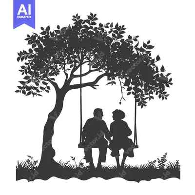 Aset desain premium: Silhouette of a couple sitting on a swing under a tree