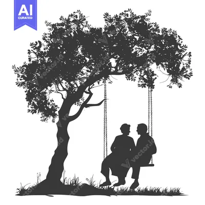 Silhouette of a Couple Sitting on a Swing Under a Tree