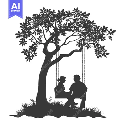 Silhouette of a couple sitting on a swing under a tree