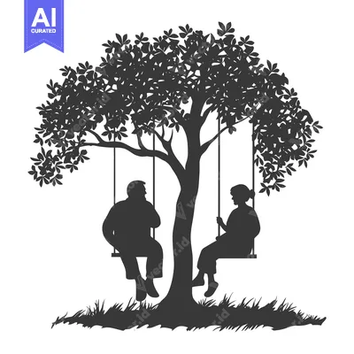 Silhouette of a couple sitting on a swing under a tree