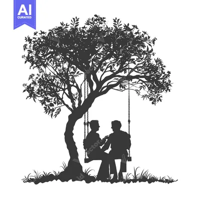 Silhouette of a Couple Sitting on a Swing Under a Tree