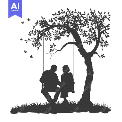 Silhouette of a Couple Sitting on a Swing Under a Tree