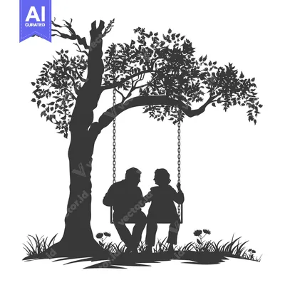 Silhouette of a couple sitting on a swing under a tree