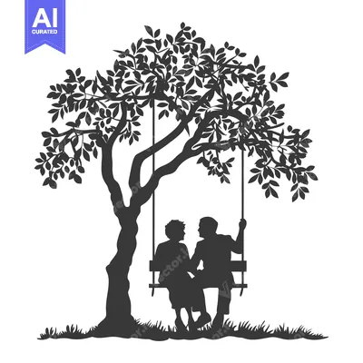 Silhouette of a Couple Sitting on a Swing Under a Tree