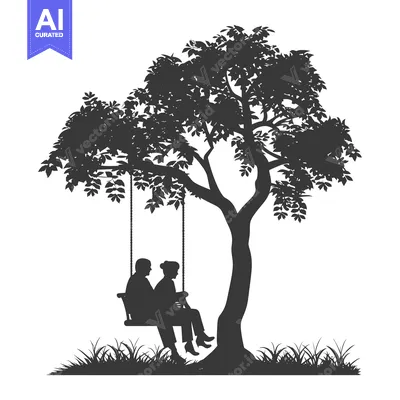Aset desain premium: Silhouette of a Couple Sitting on a Swing Under a Tree