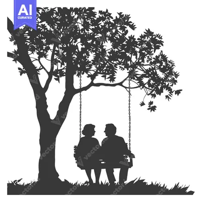 Aset desain premium: Silhouette of a Couple Sitting on a Swing Under a Tree