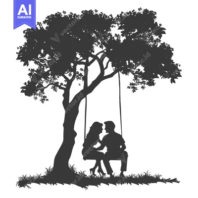 Aset desain premium: Silhouette of a Couple Sitting on a Swing Under a Tree