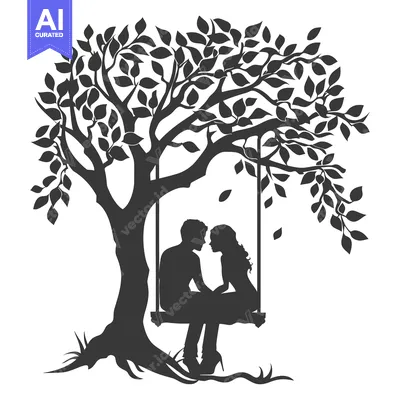 Aset desain premium: Silhouette of a Couple Sitting on a Swing Under a Tree