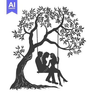 Aset desain premium: Silhouette of a Couple Sitting on a Swing Under a Tree