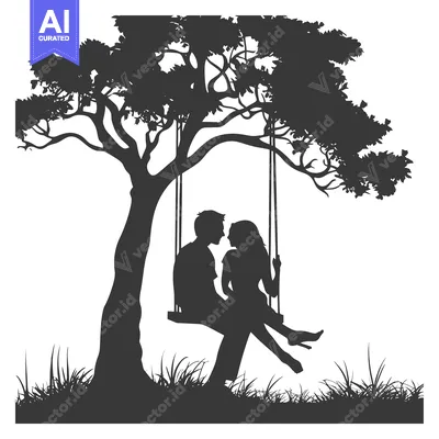 Silhouette of a Couple Sitting on a Swing Under a Tree