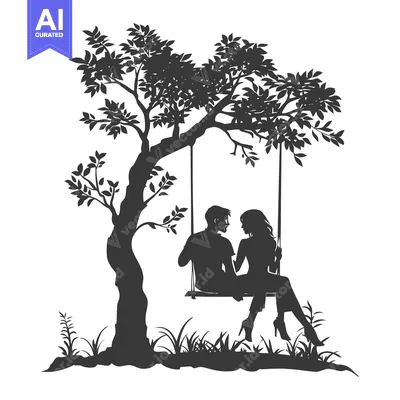 Aset desain premium: Silhouette of a Couple Sitting on a Swing Under a Tree