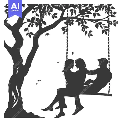 Aset desain premium: Silhouette of a Couple Sitting on a Swing Under a Tree