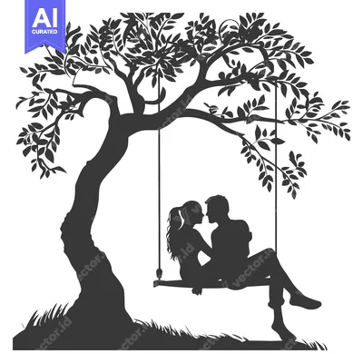 Aset desain premium: Silhouette of a Couple Sitting on a Swing Under a Tree