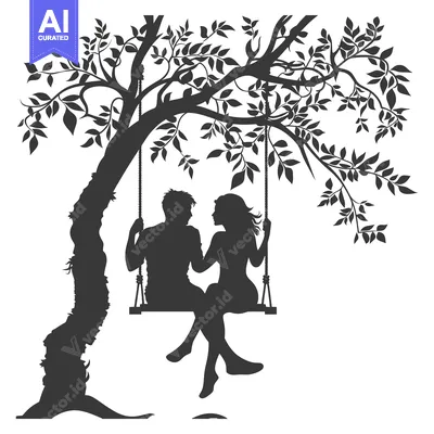 Aset premium populer: Silhouette of a couple sitting on a swing under a tree