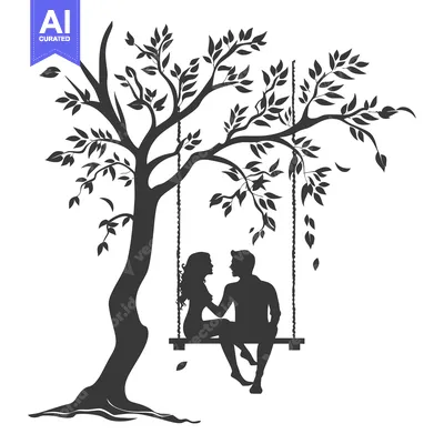 Aset desain premium: Silhouette of a couple sitting on a swing under a tree