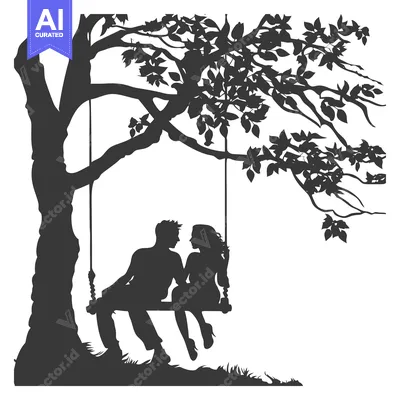Aset desain premium: Silhouette of a Couple Sitting on a Swing Under a Tree