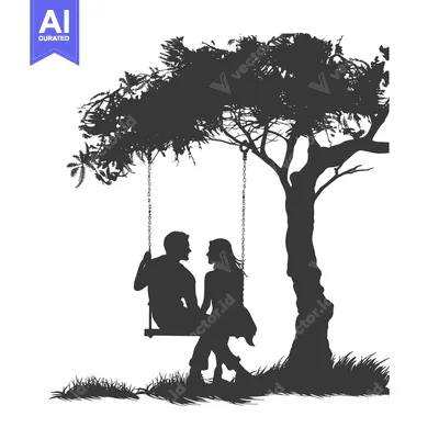 Aset desain premium: Silhouette of a Couple Sitting on a Swing Under a Tree
