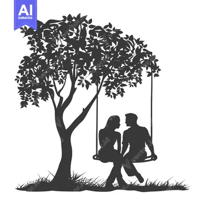 Silhouette of a couple sitting on a swing under a tree