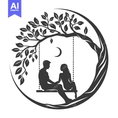 Silhouette of a Couple Sitting on a Swing Under a Tree with a Crescent