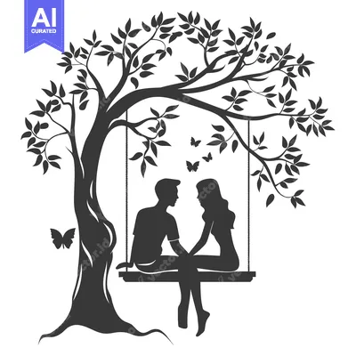 Aset premium populer: Silhouette of a Couple Sitting on a Swing Under a Tree with Butterflie